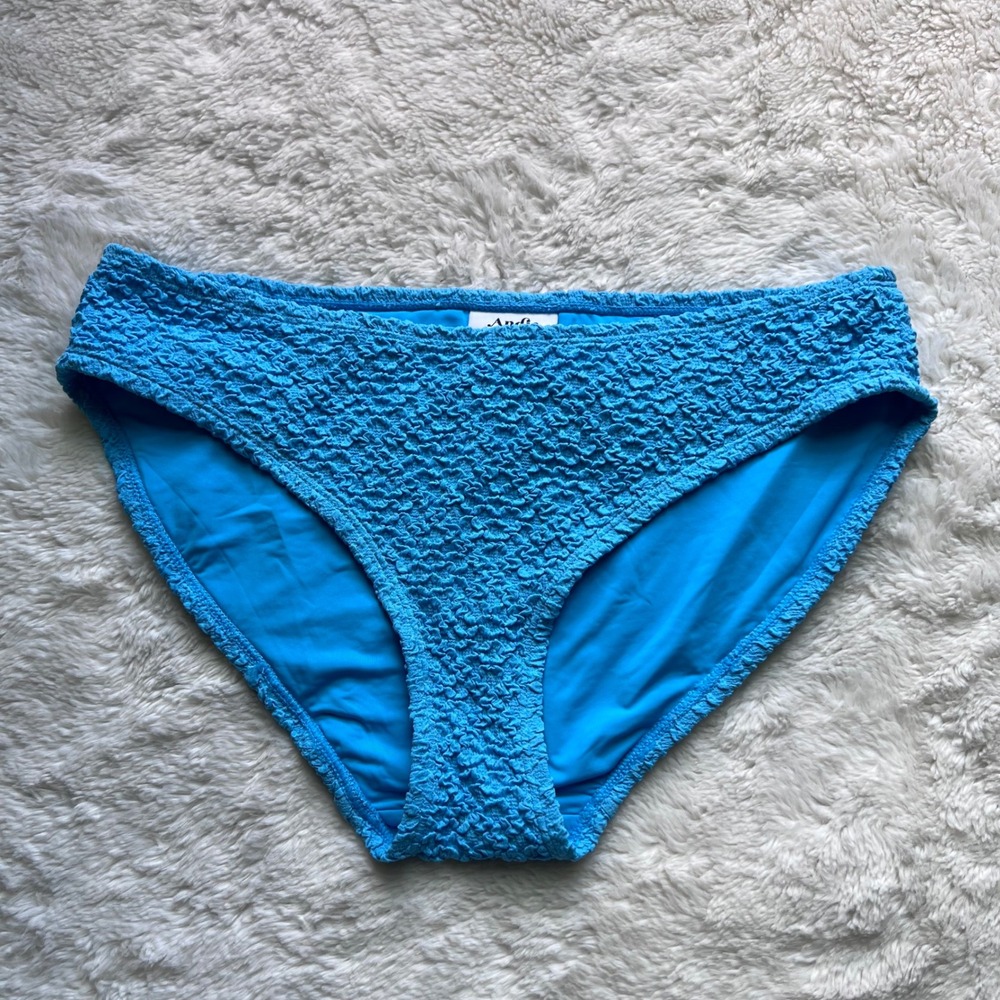 Andie Swim Blue Smocked Crinkle Bikini Bottoms Recycled Nylon Size S RN165598 MR